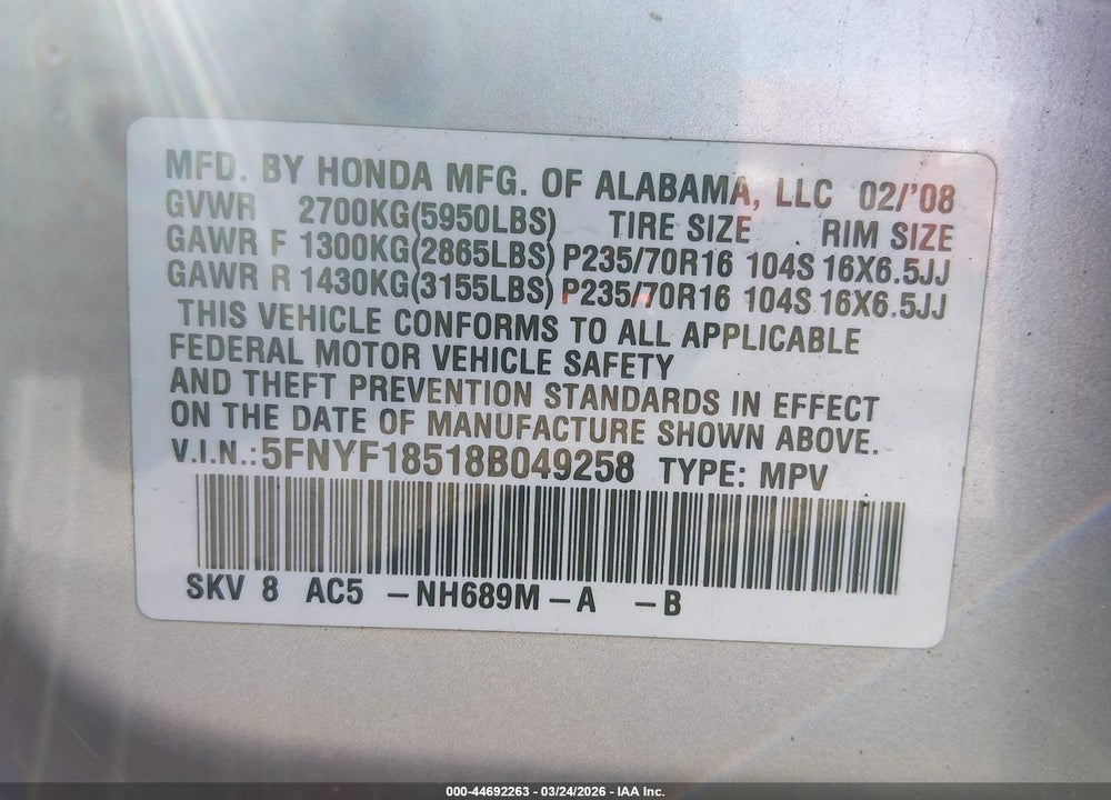 2008 HONDA PILOT EX-L VIN: 5FNYF18518B049258