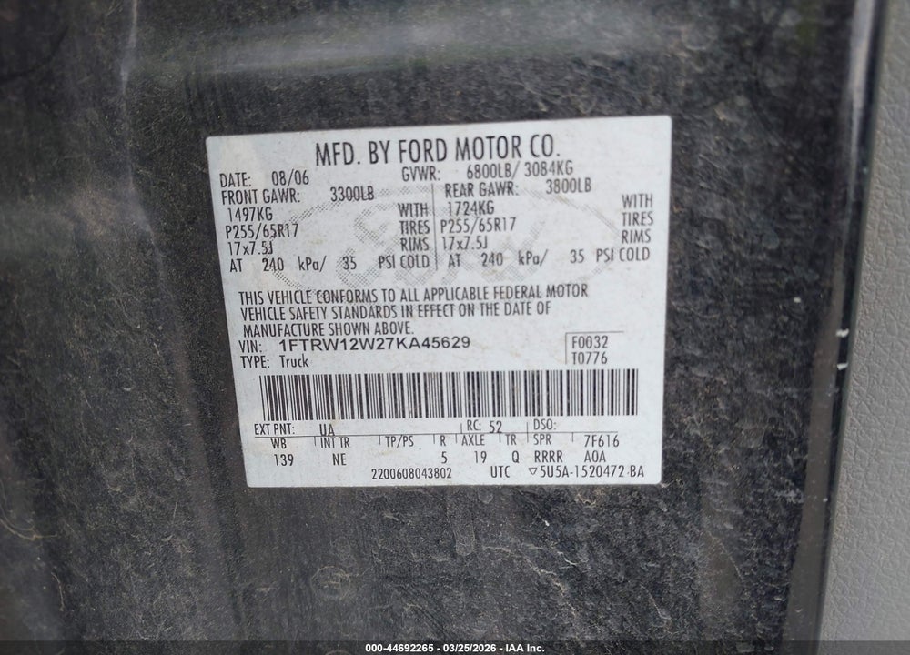 2007 FORD F-150 XLT VIN: 1FTRW12W27KA45629