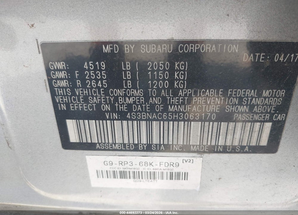 2017 SUBARU LEGACY 2.5I PREMIUM VIN: 4S3BNAC65H3063170