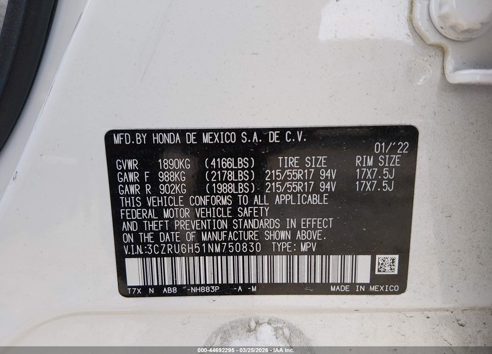 2022 HONDA HR-V AWD EX VIN: 3CZRU6H51NM750830