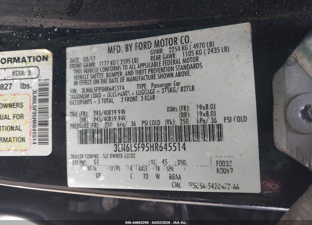 2017 LINCOLN MKZ RESERVE VIN: 3LN6L5F95HR645514