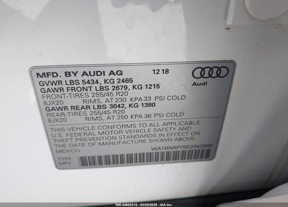 2019 AUDI Q5 45 PREMIUM VIN: WA1BNAFY5K2042999