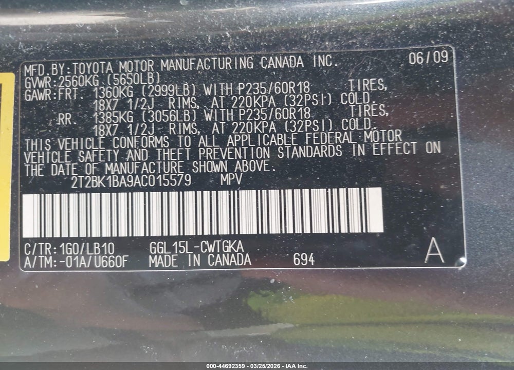 2010 LEXUS RX 350 VIN: 2T2BK1BA9AC015579
