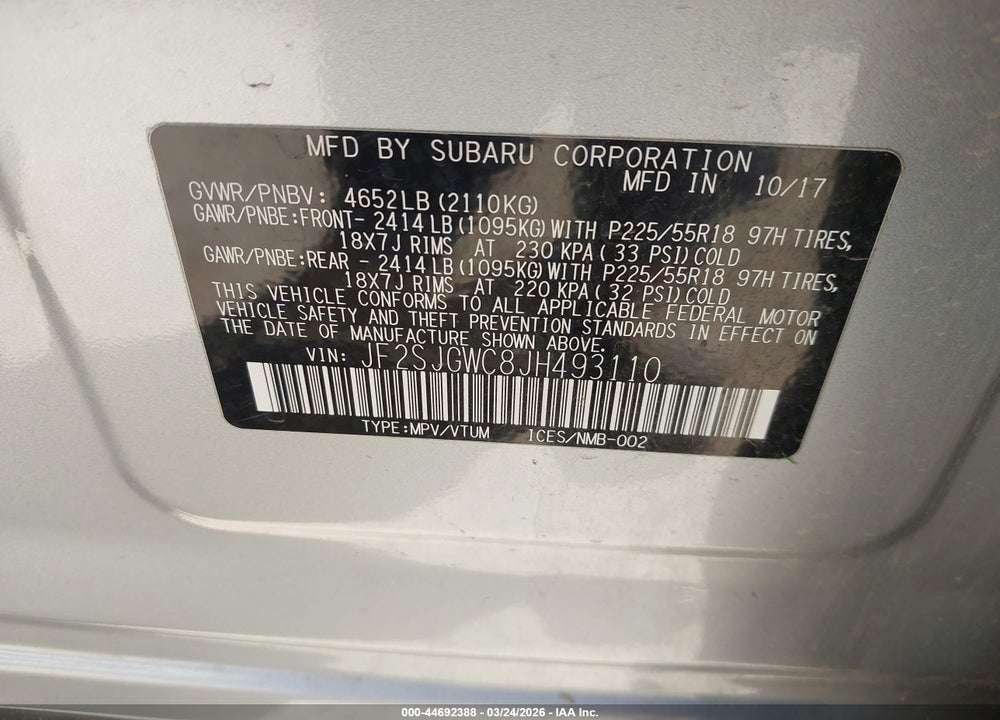 2018 SUBARU FORESTER 2.0XT TOURING VIN: JF2SJGWC8JH493110
