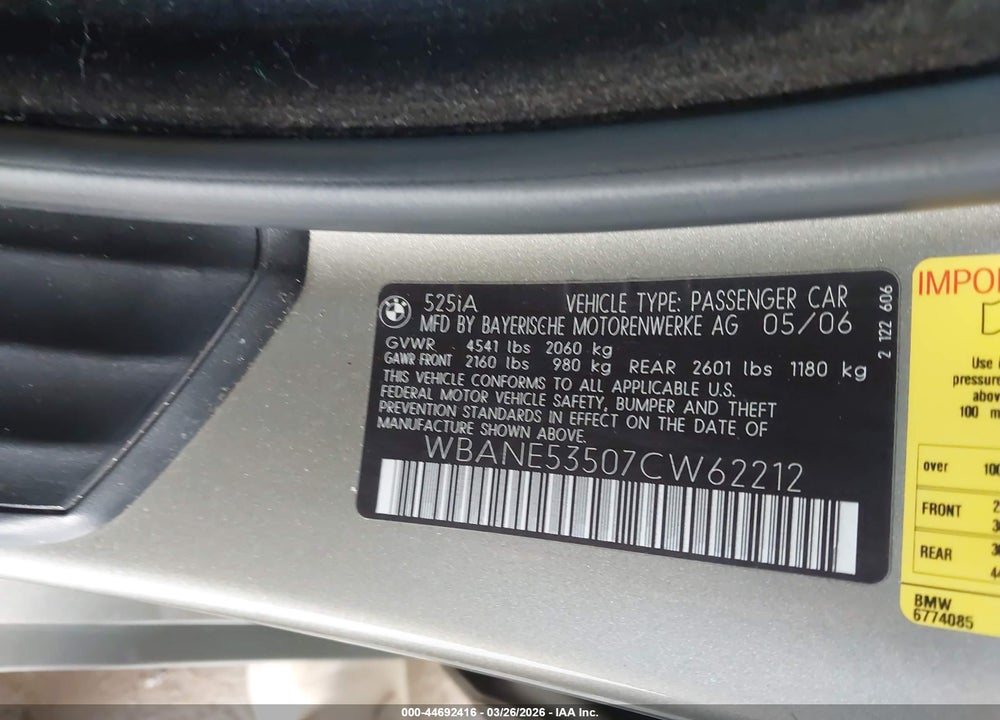 2007 BMW 525I VIN: WBANE53507CW62212