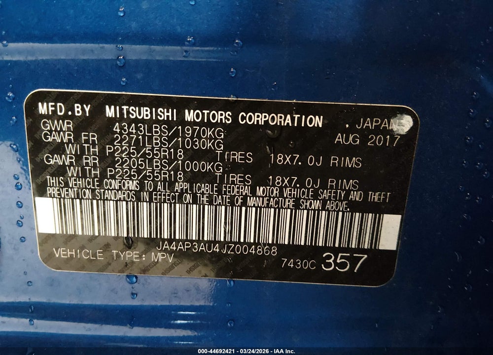 2018 MITSUBISHI OUTLANDER SPORT 2.0 ES VIN: JA4AP3AU4JZ004868