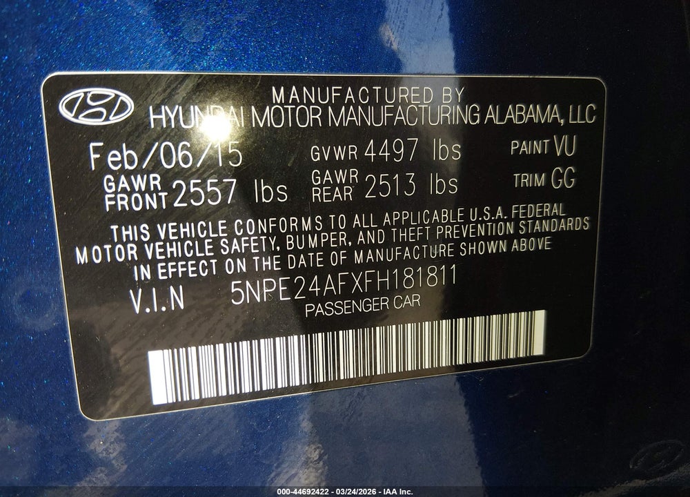 2015 HYUNDAI SONATA SE VIN: 5NPE24AFXFH181811