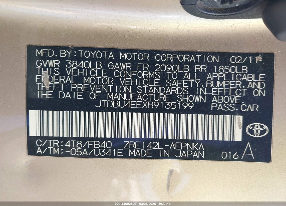 2011 TOYOTA COROLLA LE VIN: JTDBU4EEXB9135199