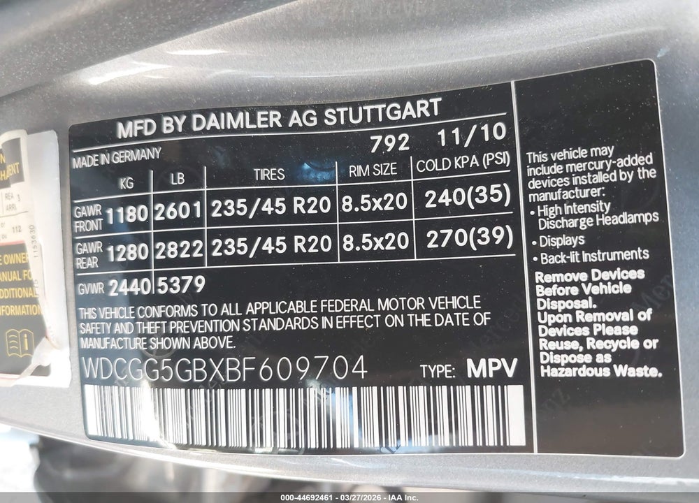 2011 MERCEDES-BENZ GLK 350 VIN: WDCGG5GBXBF609704