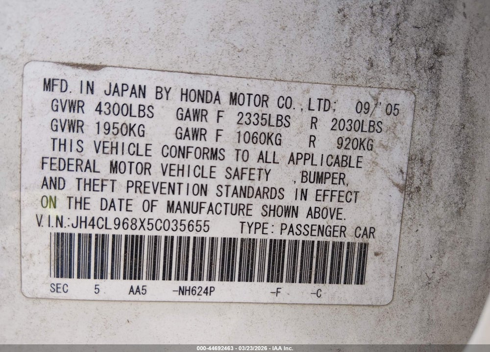 2005 ACURA TSX VIN: JH4CL968X5C035655