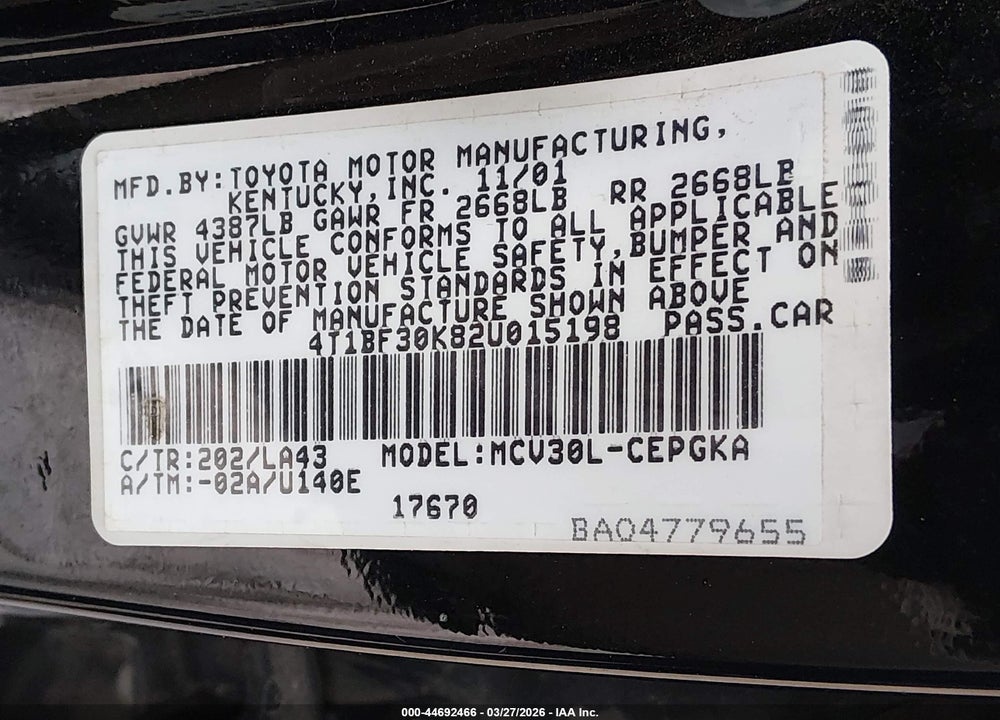 2002 TOYOTA CAMRY XLE V6 VIN: 4T1BF30K82U015198