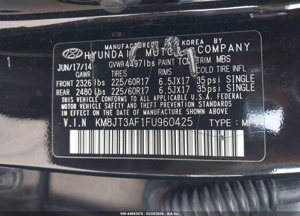 2015 HYUNDAI TUCSON VIN: KM8JT3AF1FU960425