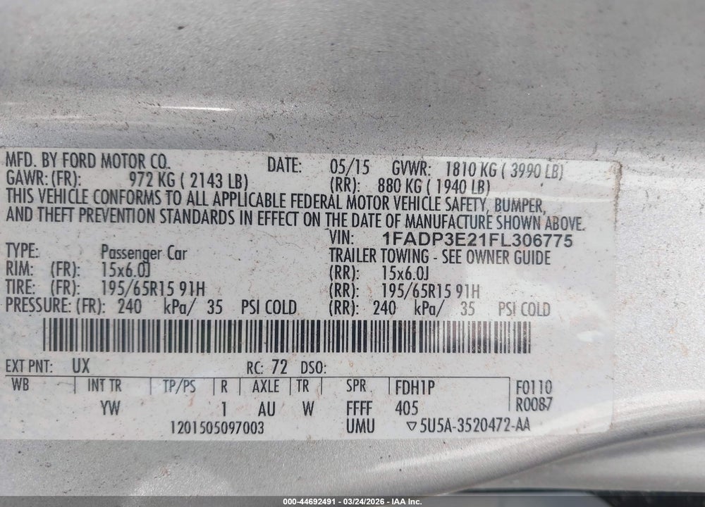 2015 FORD FOCUS S VIN: 1FADP3E21FL306775
