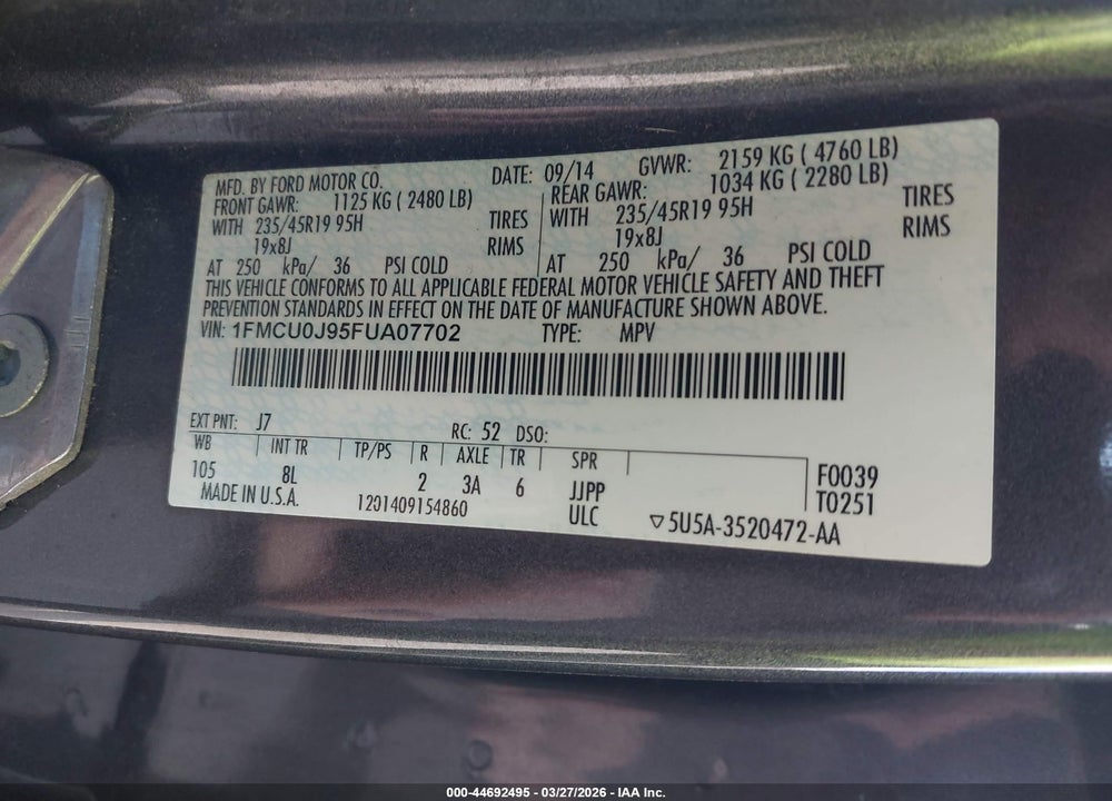 2015 FORD ESCAPE TITANIUM VIN: 1FMCU0J95FUA07702