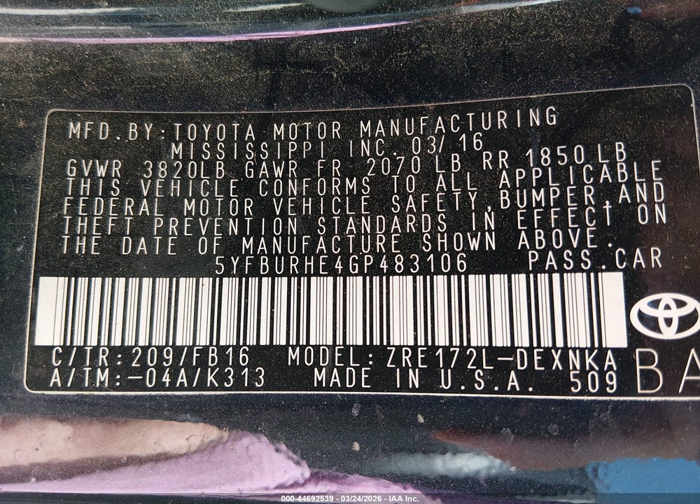 2016 TOYOTA COROLLA LE PLUS VIN: 5YFBURHE4GP483106