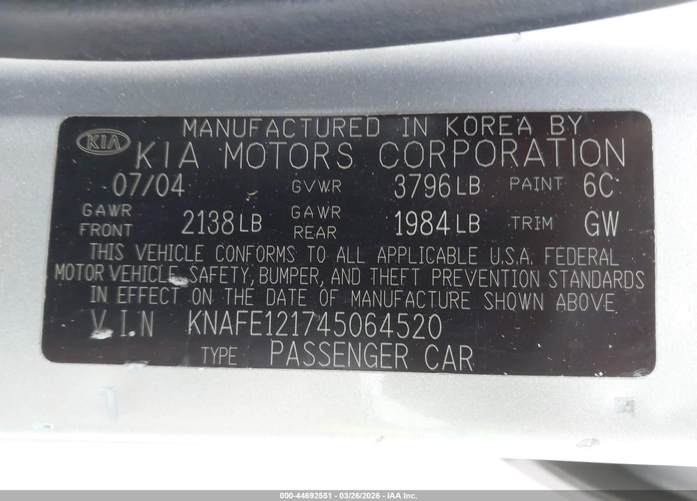 2004 KIA SPECTRA EX/LX VIN: KNAFE121745064520