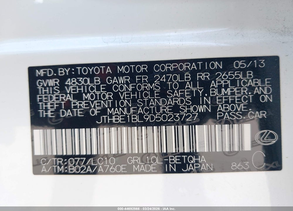 2013 LEXUS GS 350 VIN: JTHBE1BL9D5023727