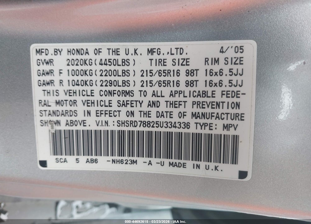 2005 HONDA CR-V EX VIN: SHSRD78825U334336