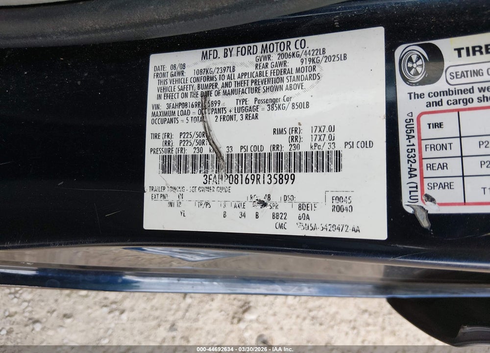 2009 FORD FUSION SEL VIN: 3FAHP08169R135899