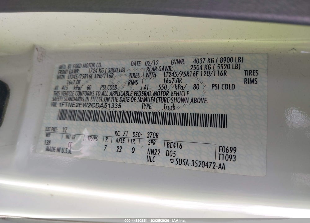 2012 FORD E-250 COMMERCIAL VIN: 1FTNE2EW2CDA51335