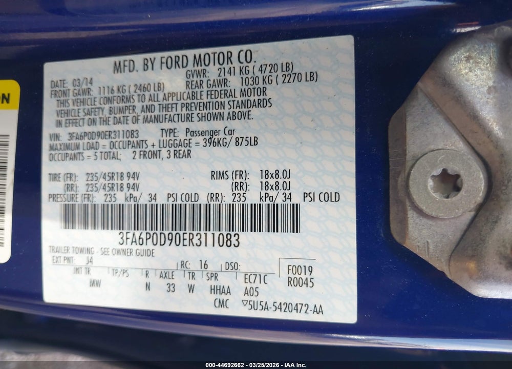 2014 FORD FUSION TITANIUM VIN: 3FA6P0D90ER311083