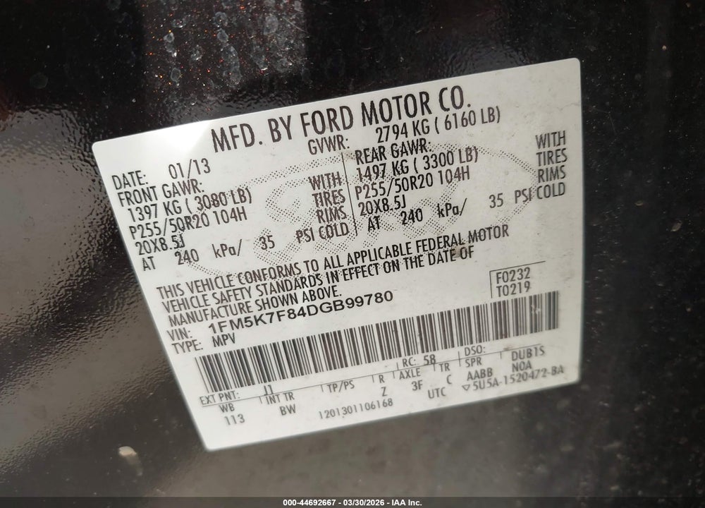 2013 FORD EXPLORER LIMITED VIN: 1FM5K7F84DGB99780