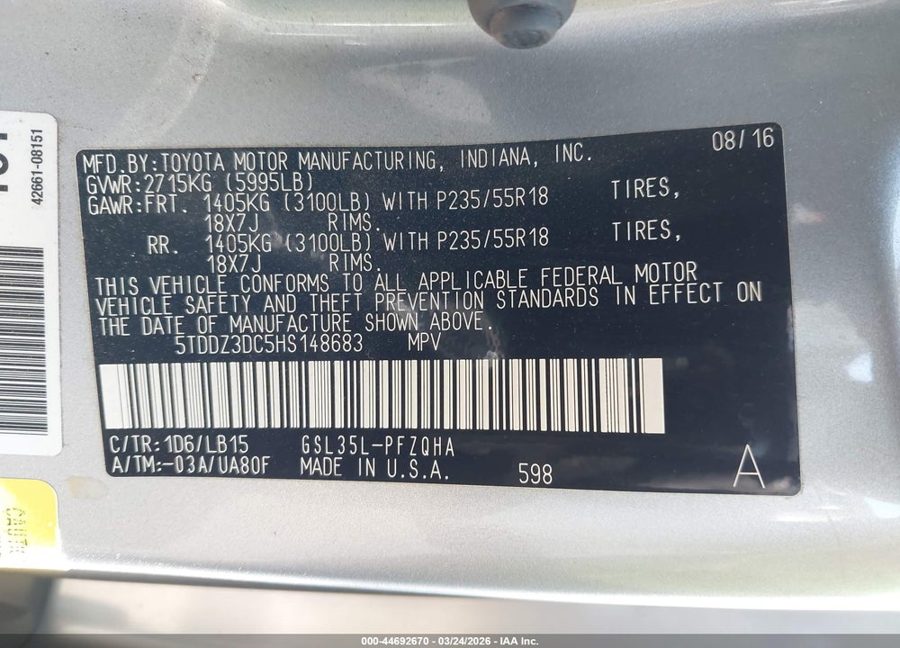 2017 TOYOTA SIENNA LIMITED 7 PASSENGER VIN: 5TDDZ3DC5HS148683