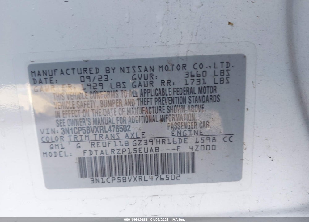 2024 NISSAN KICKS S XTRONIC CVT VIN: 3N1CP5BVXRL476502