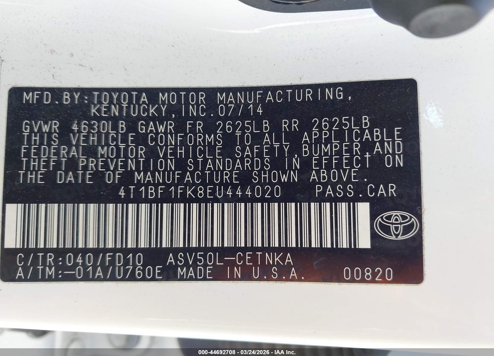 2014 TOYOTA CAMRY LE VIN: 4T1BF1FK8EU444020