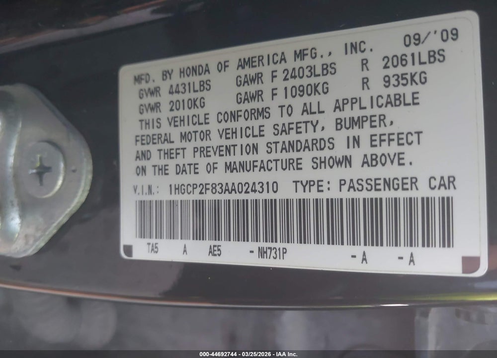 2010 HONDA ACCORD 2.4 EX-L VIN: 1HGCP2F83AA024310
