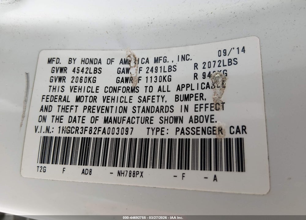 2015 HONDA ACCORD EX-L V-6 VIN: 1HGCR3F82FA003097