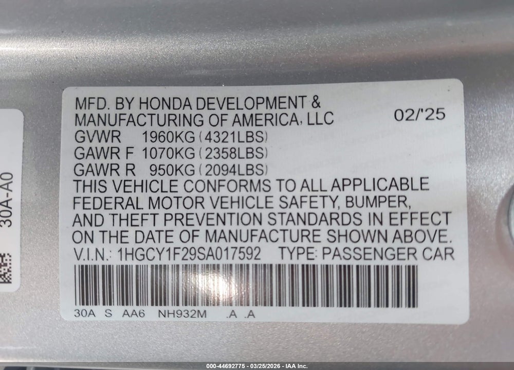 2025 HONDA ACCORD LX VIN: 1HGCY1F29SA017592