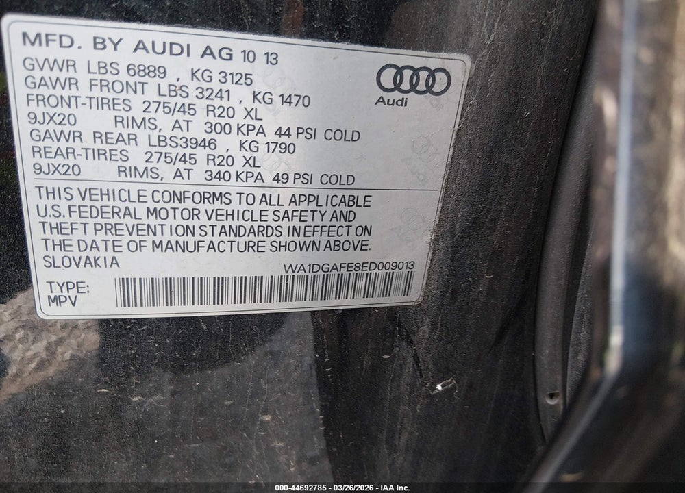 2014 AUDI Q7 3.0T S LINE PRESTIGE VIN: WA1DGAFE8ED009013