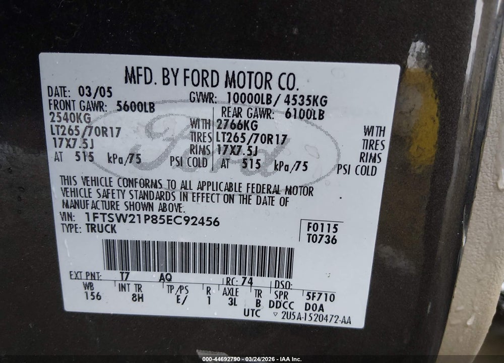 2005 FORD F-250 LARIAT/XL/XLT VIN: 1FTSW21P85EC92456