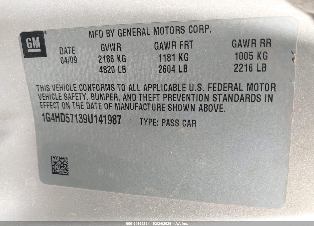2009 BUICK LUCERNE CXL-5 VIN: 1G4HD57139U141987