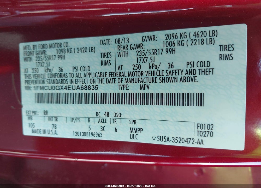 2014 FORD ESCAPE SE VIN: 1FMCU0GX4EUA68835