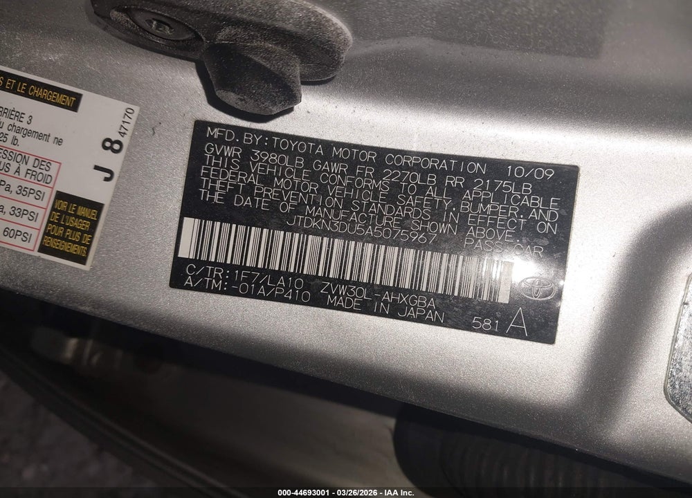 2010 TOYOTA PRIUS IV VIN: JTDKN3DU5A5075967