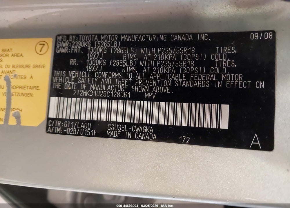2009 LEXUS RX 350 VIN: 2T2HK31U29C128061