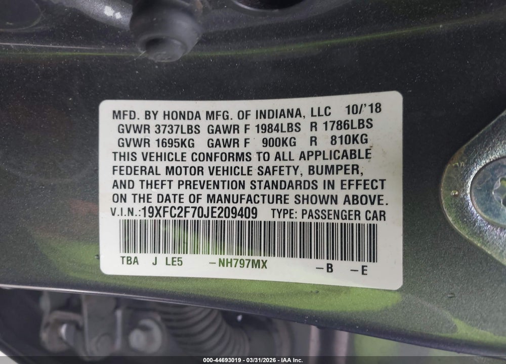 2018 HONDA CIVIC EX VIN: 19XFC2F70JE209409