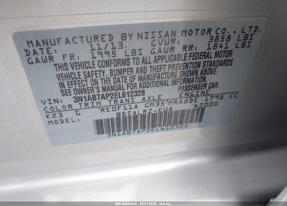 2014 NISSAN SENTRA SR VIN: 3N1AB7AP2EL612328