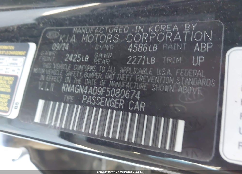 2015 KIA OPTIMA HYB VIN: KNAGN4AD9F5080674