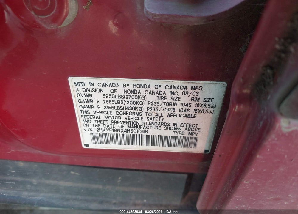 2004 HONDA PILOT EX-L VIN: 2HKYF186X4H501096