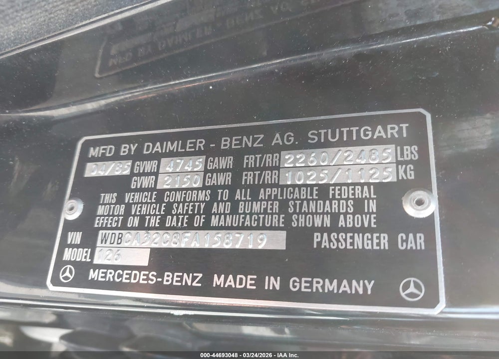 1985 MERCEDES-BENZ 380 SE VIN: WDBCA32C8FA158719