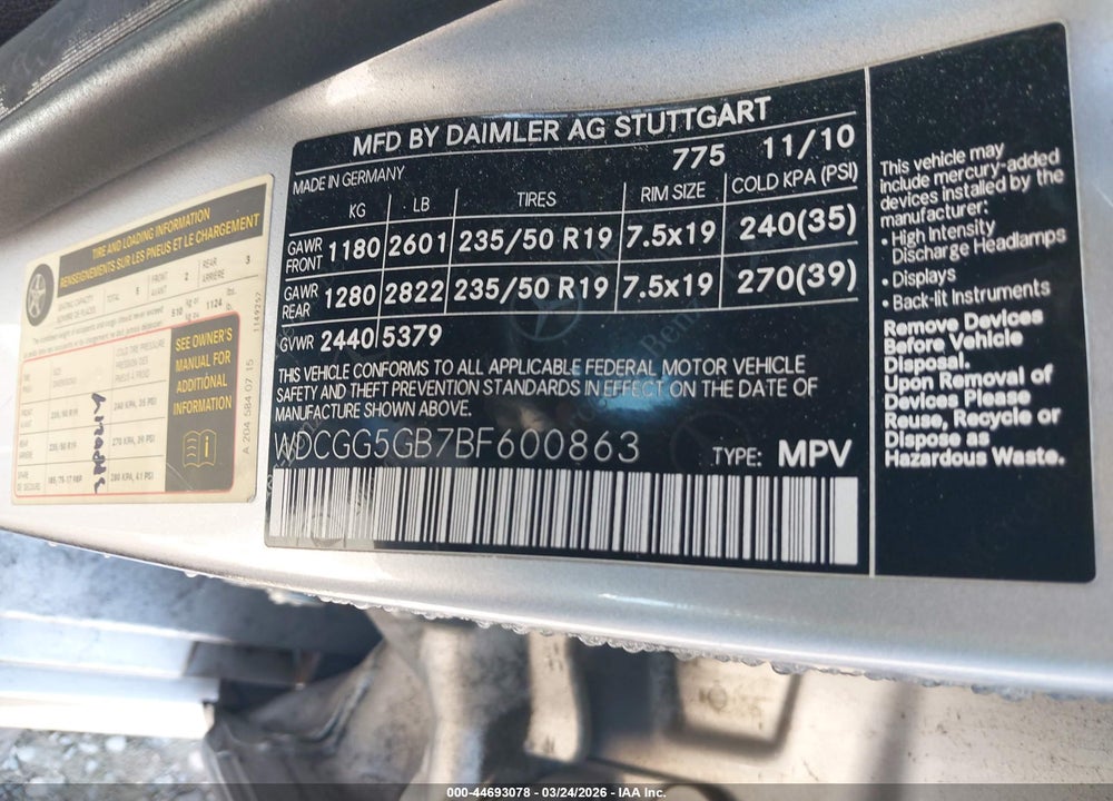 2011 MERCEDES-BENZ GLK 350 VIN: WDCGG5GB7BF600863