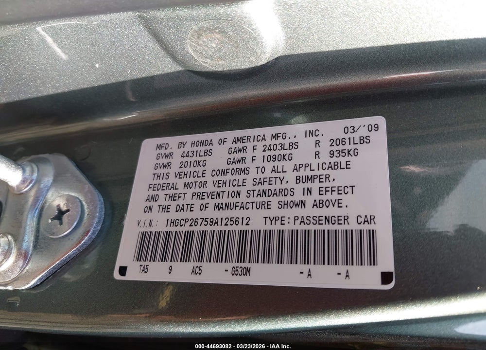 2009 HONDA ACCORD 2.4 EX VIN: 1HGCP26759A125612