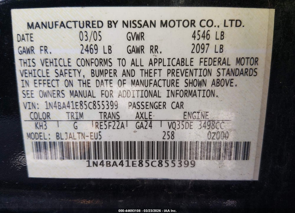 2005 NISSAN MAXIMA 3.5 SE VIN: 1N4BA41E85C855399