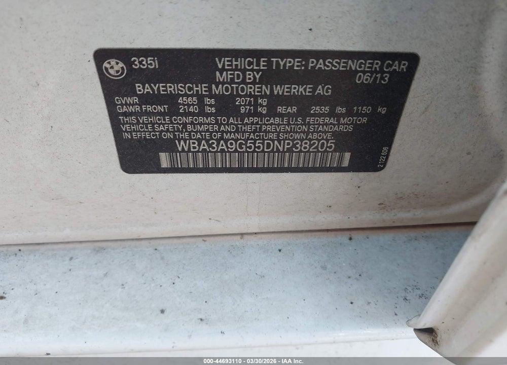 2013 BMW 335I VIN: WBA3A9G55DNP38205