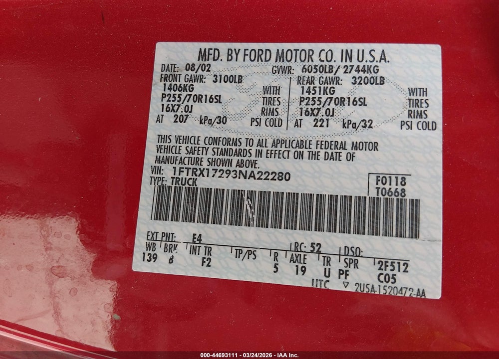2003 FORD F-150 XL/XLT VIN: 1FTRX17293NA22280