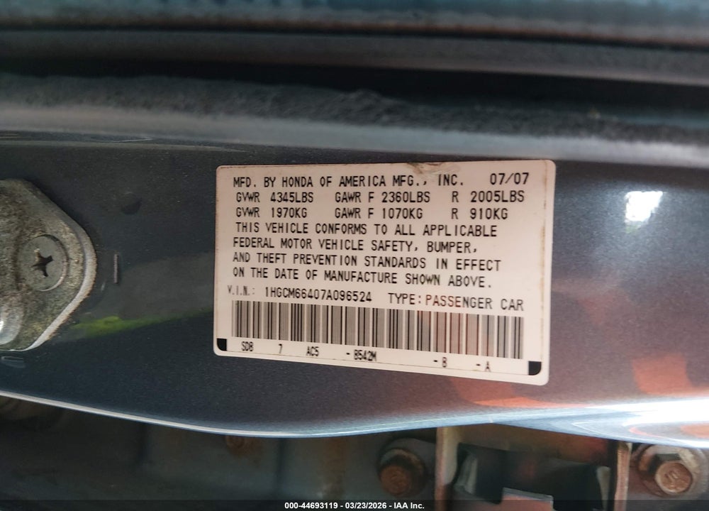 2007 HONDA ACCORD 3.0 SE VIN: 1HGCM66407A096524