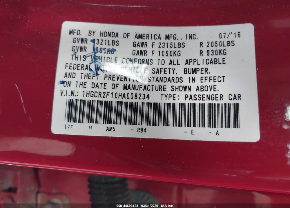 2017 HONDA ACCORD SPORT SE VIN: 1HGCR2F10HA008234
